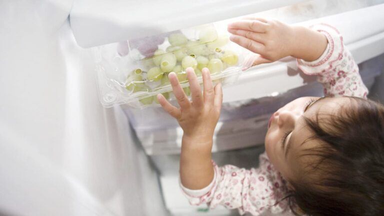 child looking through the fridge for food