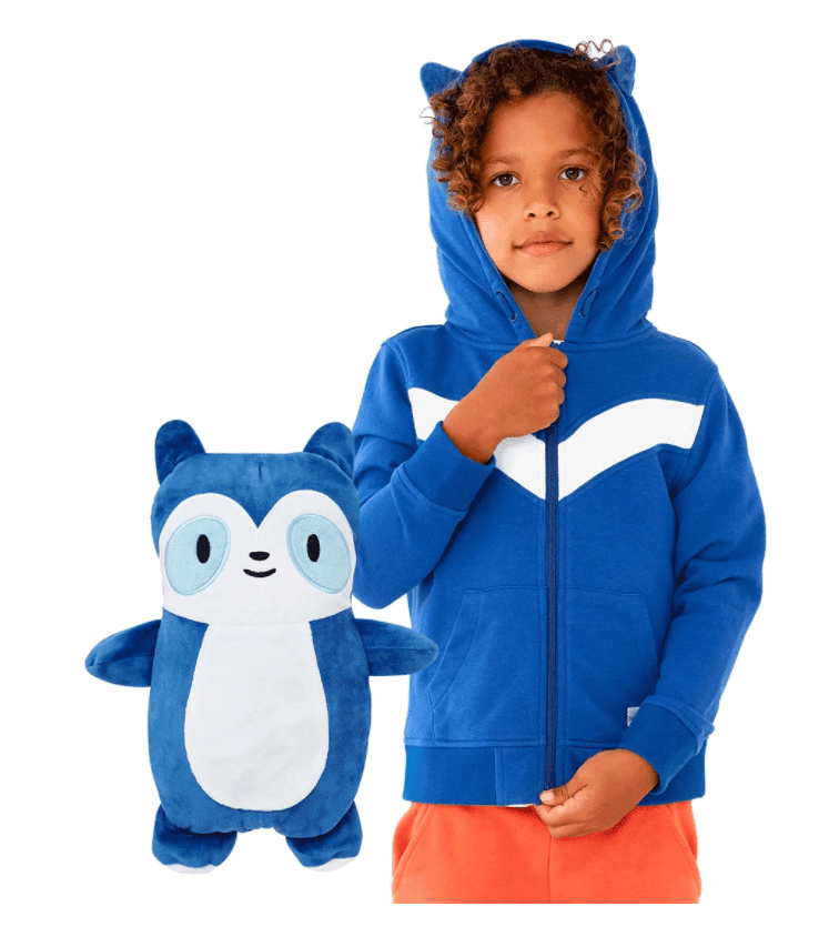 blue zip up hoodie with a stuffed animal