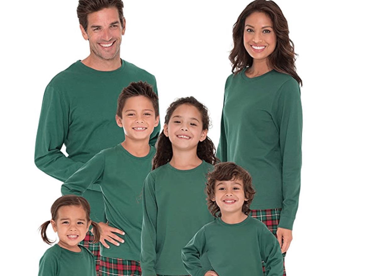 family-waering-green-and-red-christmas-pajamas