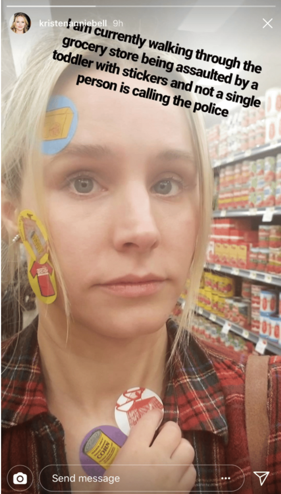 Kristen Bell covered in stickers at the grocery store shares what every