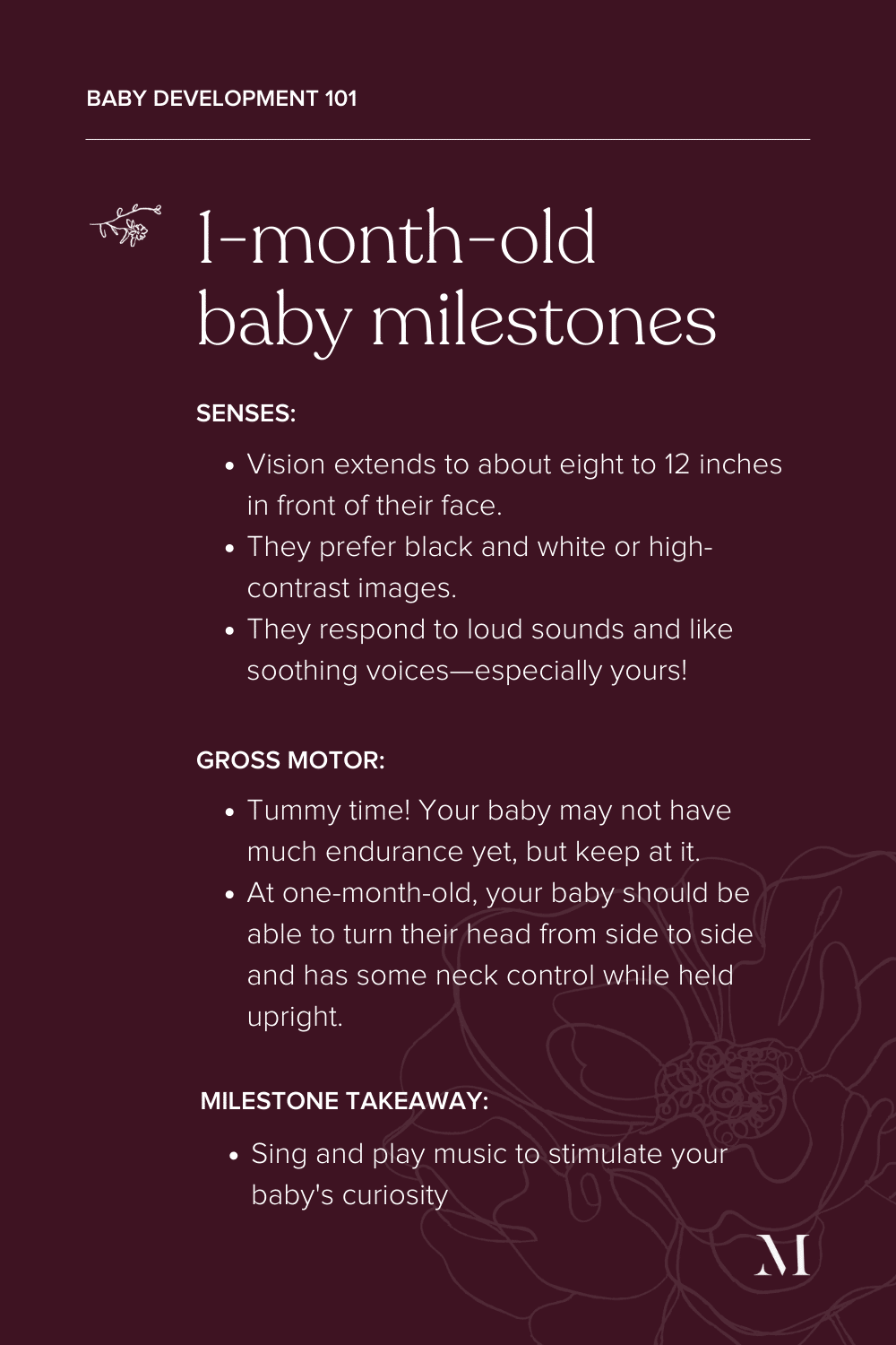 summary of 1-month-old baby milestones - sensory and motor development