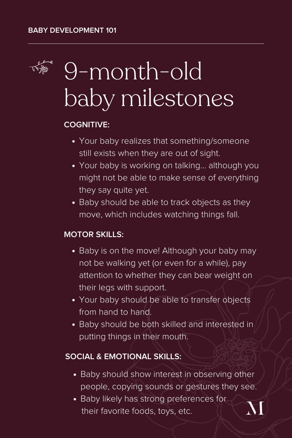 summary of 9-month-old baby milestones - sensory and motor development