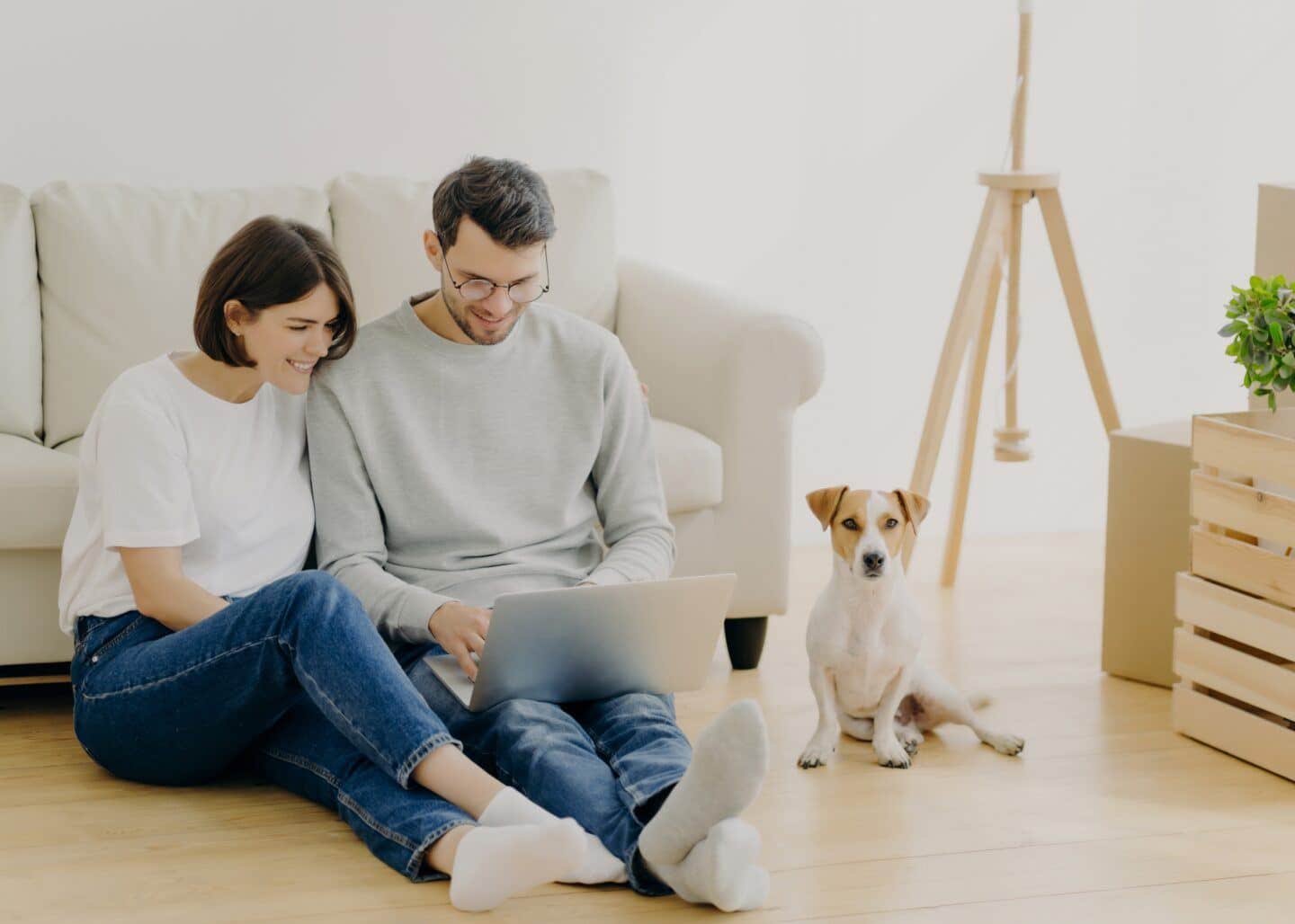 happy couple with computer