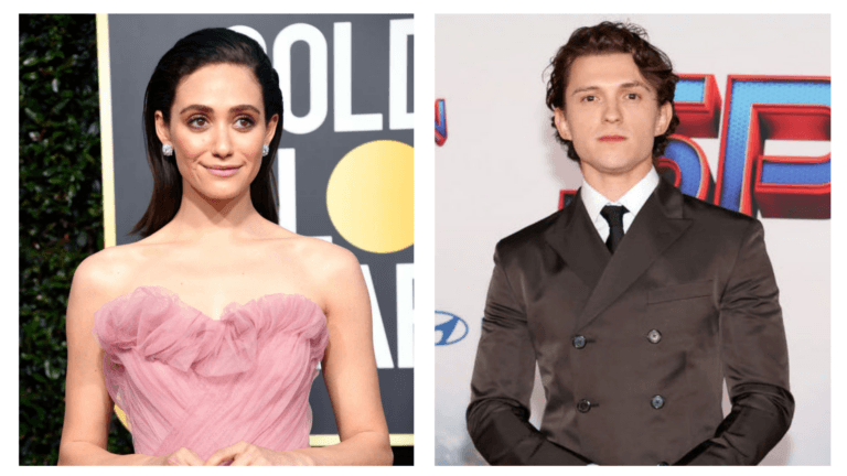 Emmy Rossum and Tom Holland pose on red carpets