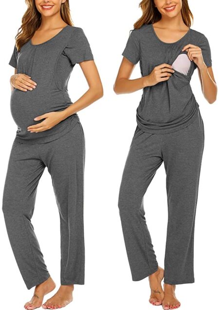 Basic Long Sleeve Maternity Pajama Set Bamboo Pregnant Sleepwear