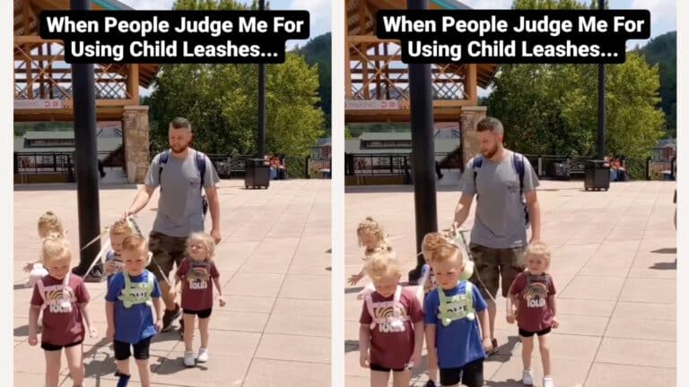 Dad walking toddler quintuplets on child leashes