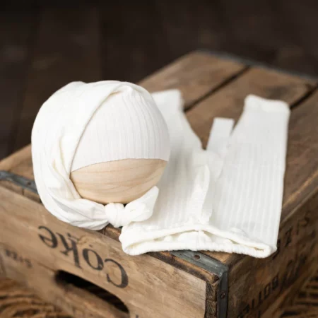 White Ribbed Newborn Pants and Knot Hat Set