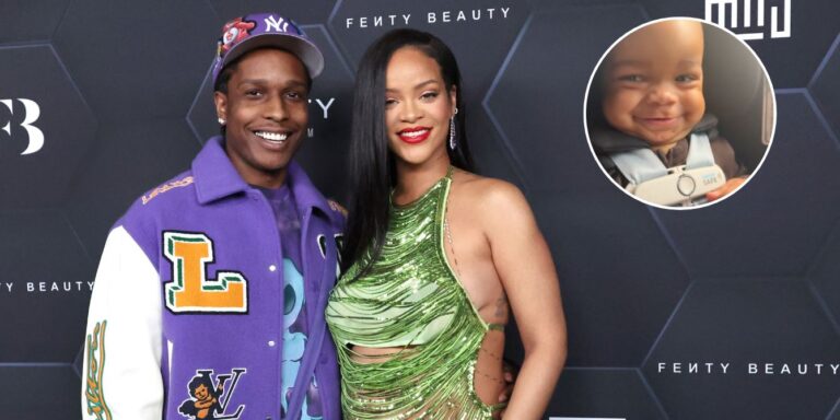 Rihanna and ASAP Rocky with an inset of their infant son