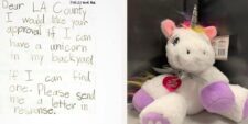 child's letter and stuffed unicorn collage- little girl asks la county for unicorn permission