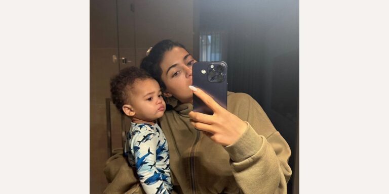 Kylie Jenner holding her one-year-old son Aire