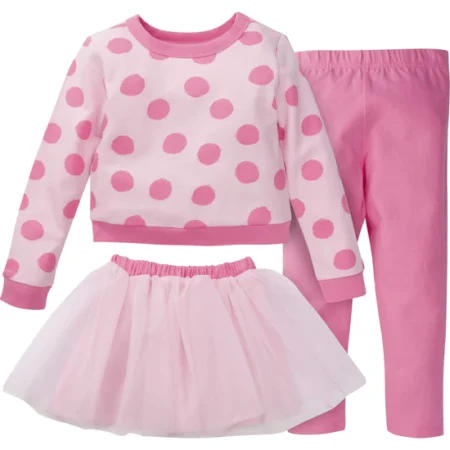 3-Piece Baby & Toddler Girls Pink A Dots French Terry Top, Tulle Tutu, & Legging Set