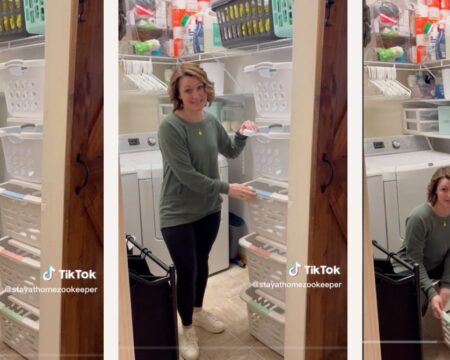 mom showing laundry baskets laundry organization tips Motherly