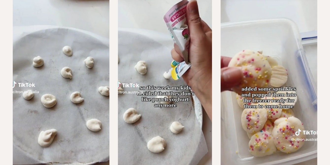 TikTok mom hack showing how to freeze yogurt for kids healthy snack