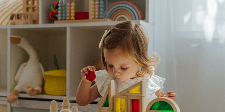 little girl playing with wooden blocks on the table in playroom in front of montessori shelves