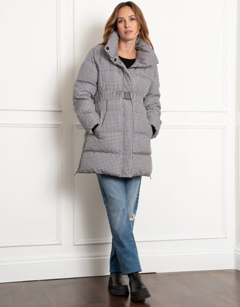 Seraphine Cozette Houndstooth Belted Puffer Maternity Coat