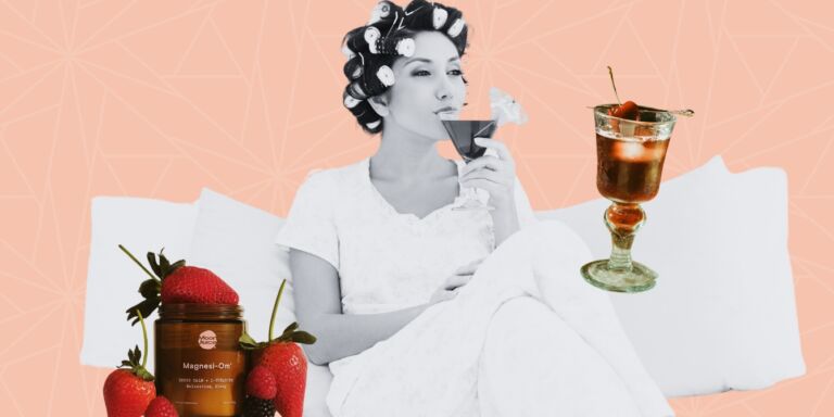 woman sipping cocktail in pajamas - sleepy girl mocktail for moms