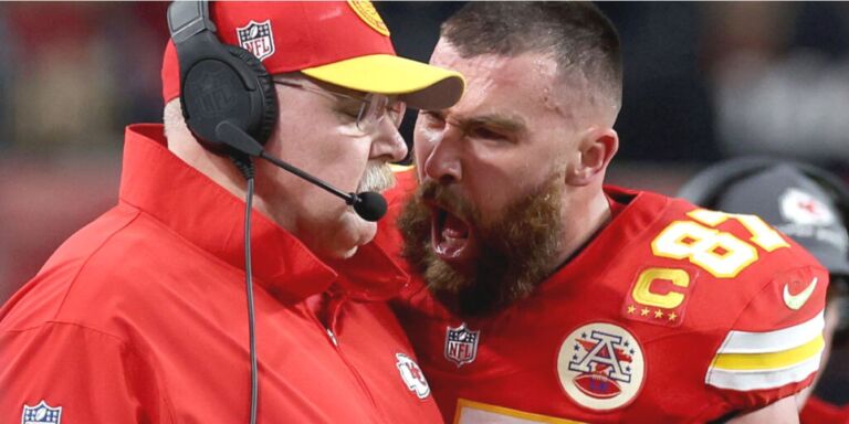 Travis Kelce yelling at the Kansas City Chiefs coach