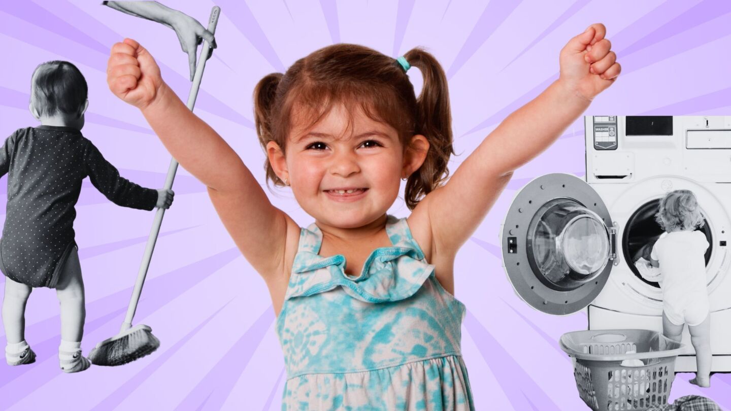 child smiling with both hands in the air, child using a map, washing machine in the background