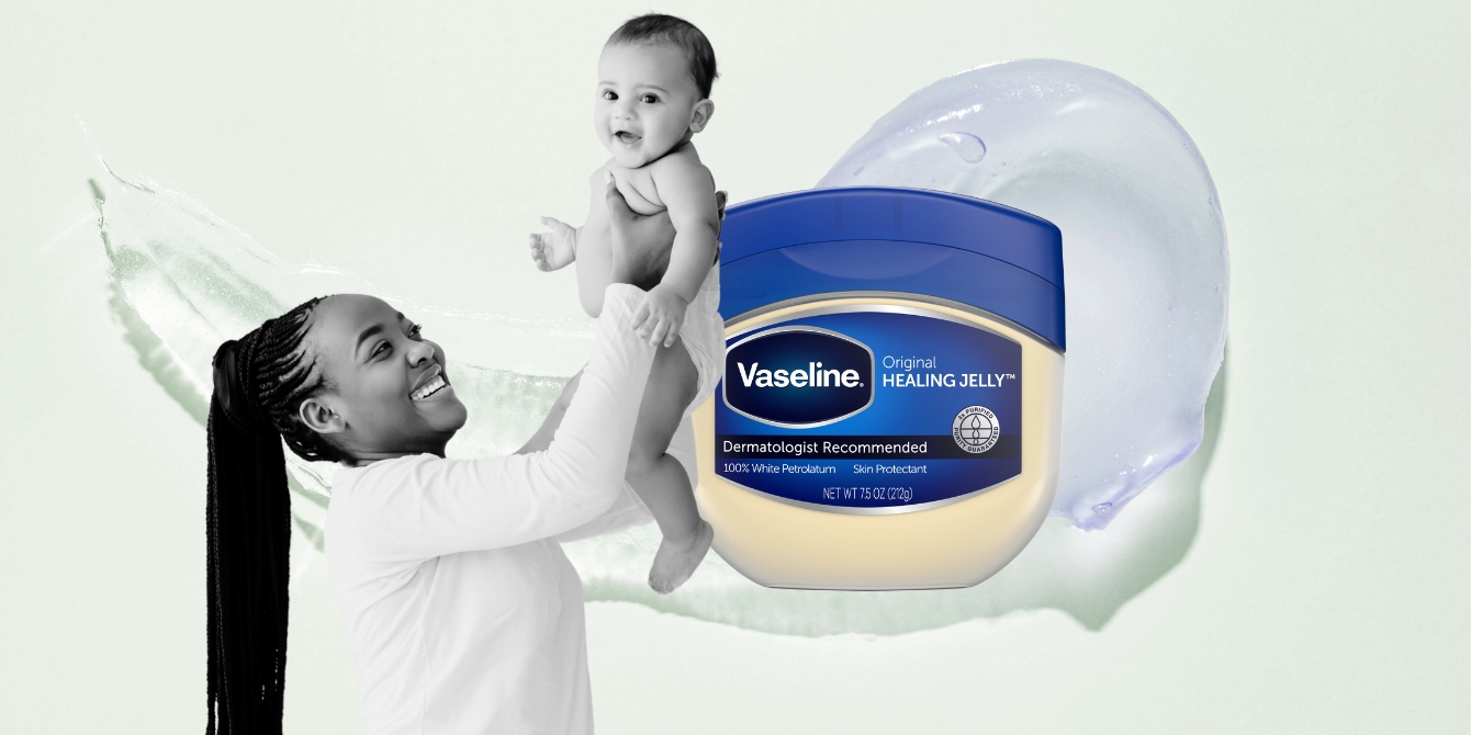 mom holding up baby vaseline