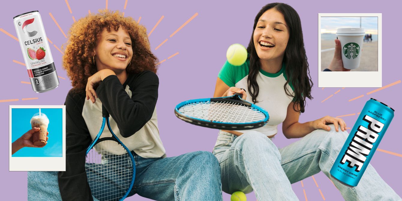 a couple of teen girls holding tennis rackets and a ball with images of energy drinks and coffee - are teens consuming too much caffeine