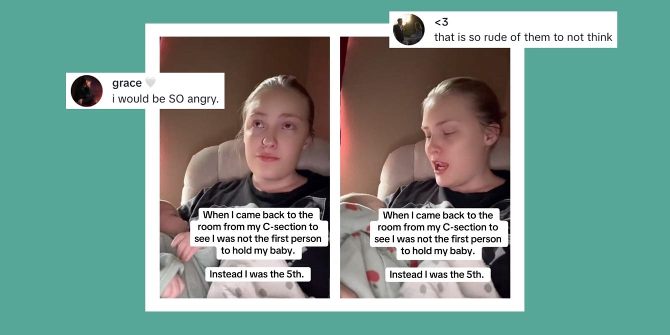 Viral TikTok - A picture of a mom talking about how she was the fifth person to hold her baby after a c section