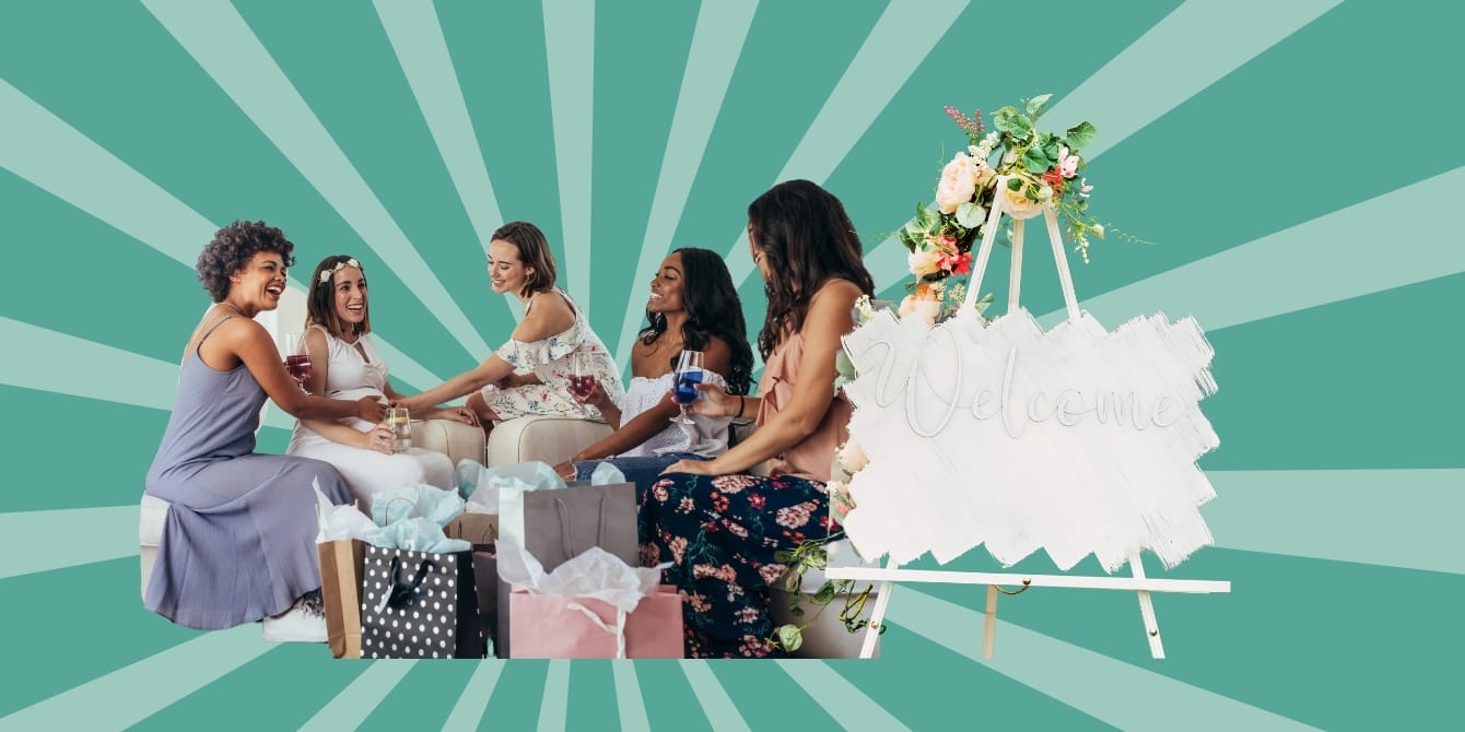 Welcome to baby shower signs: A group of women at baby shower sitting down behind a welcome sign