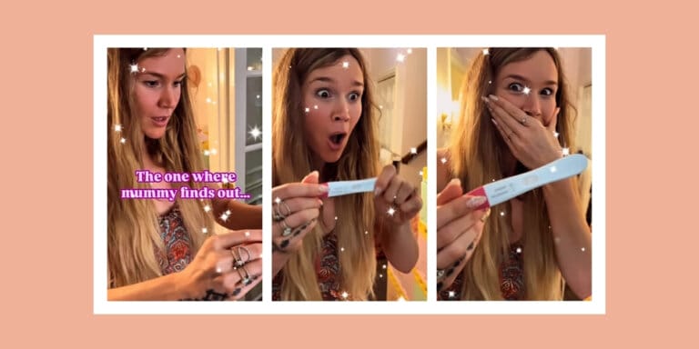 Side by side images of Joss Stone finding out she is pregnant