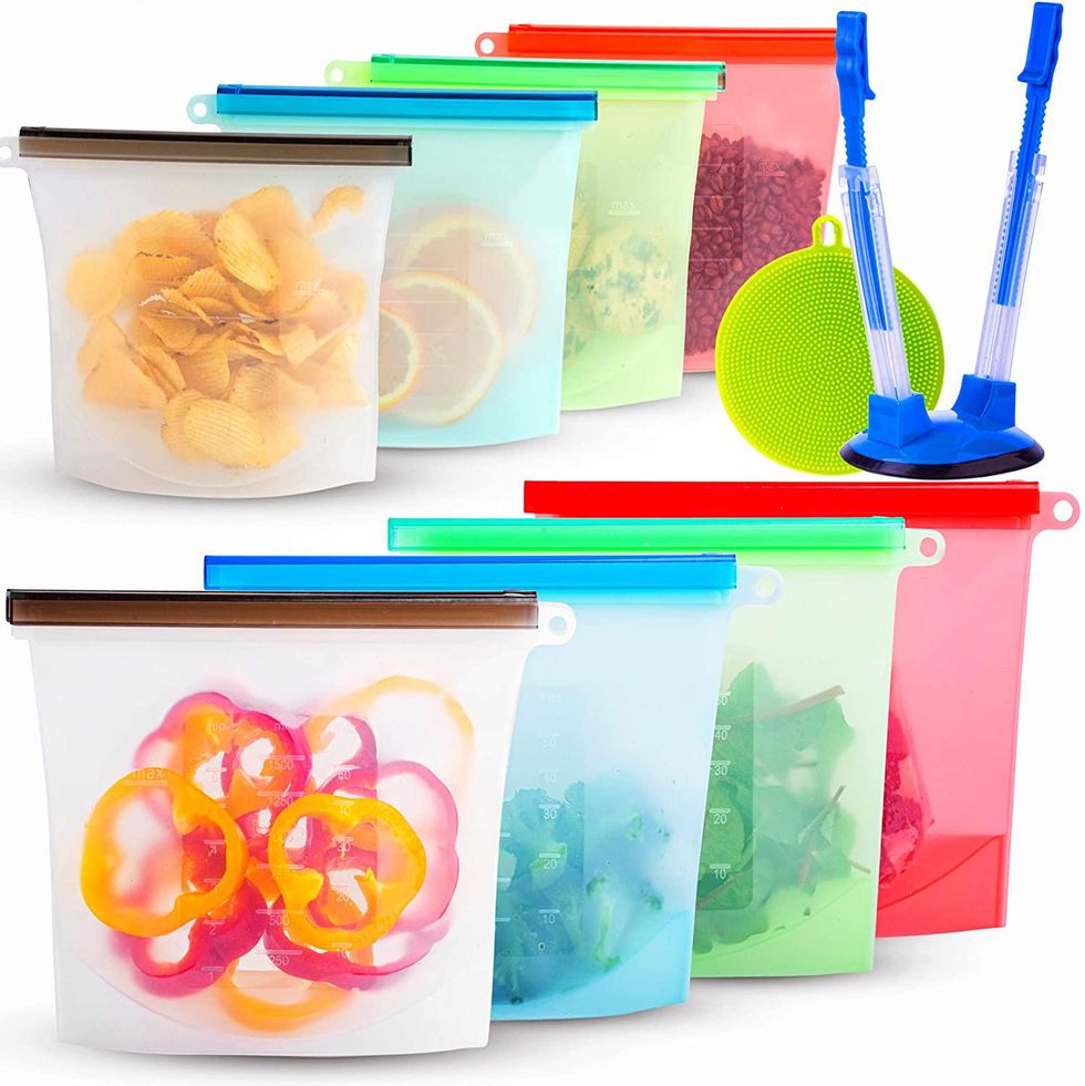 Qinline reusable food storage bags - 10 pack bpa free flat freezer bags(2 reusable  gallon bags + 4 leakproof reusable sandwich bags +